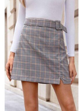 Cupshe Women's Glen Check Orange Notched Mini Skirt size L Large NWT